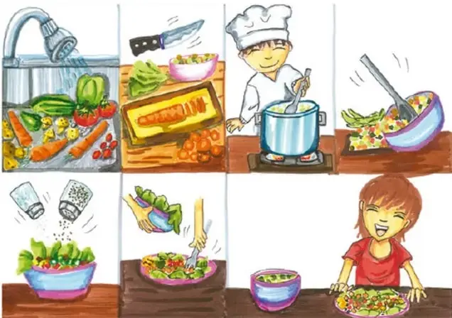 Viñetas ilustradas de la preparación de una ensalada: lavado de verduras bajo el grifo, picado de zanahorias y jitomates con cuchillo y tabla de picar, un niño con gorro de chef cocinando en una olla azul, sazonado de la ensalada con saleros, servido en platos y una niña de playera roja sonriendo junto a su platillo; firmado María del Rosario Escobar García, Jalisco.
