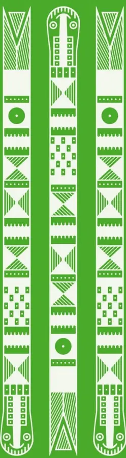 Franja verde con tres columnas verticales de diseño geométrico blanco, de inspiración textil indígena, con motivos de rombos, triángulos, figuras antropomorfas y círculos.