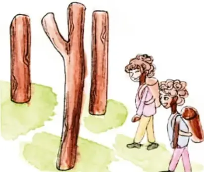 Ilustración de dos niñas de pie junto a troncos de árbol cortados; una tiene la mano en el hombro de la otra.