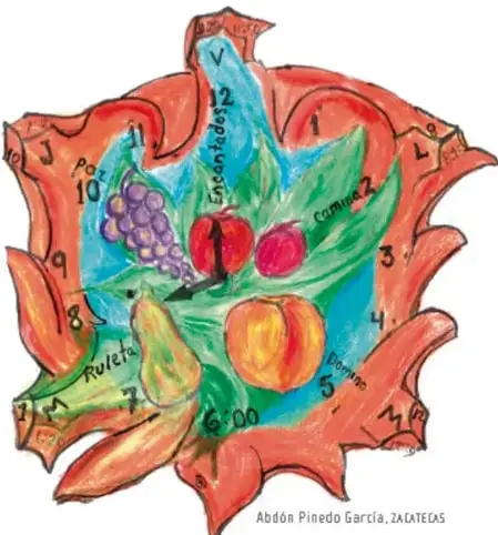 Dibujo de un plato de frutas con números y letras, aparentemente una actividad de laberinto o sopa de letras.