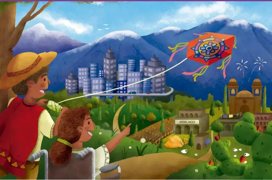 Ilustración colorida de un paisaje mexicano: dos niños (uno con sombrero y ropa tradicional, otro en silla de ruedas) elevan un papalote o cometa con diseño geométrico. Al fondo se observan montañas nevadas, una ciudad moderna con edificios, un mercado, una iglesia, campos de cultivo, magueyes y ovejas, integrando tradición y modernidad.
