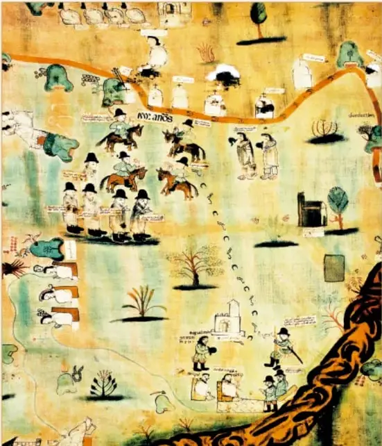 Lienzo de Coacoatzintla: mapa pintado sobre tela de algodón con un cerro, un camino serpenteante, casas, parcelas, árboles, animales, gente a pie y a caballo, y un río o barranca en la parte inferior derecha.