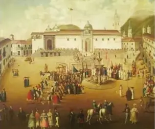 Pintura histórica de una escena vinculada con la Independencia del Ecuador.