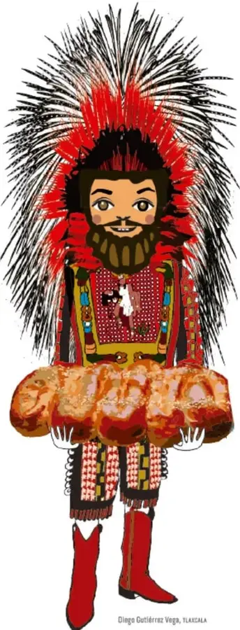 Ilustración de una persona con tocado de plumas rojas y negras, traje tradicional bordado y botas rojas, sosteniendo un pan grande y decorado. Al pie dice: Diego Gutiérrez Vega, Tlaxcala.