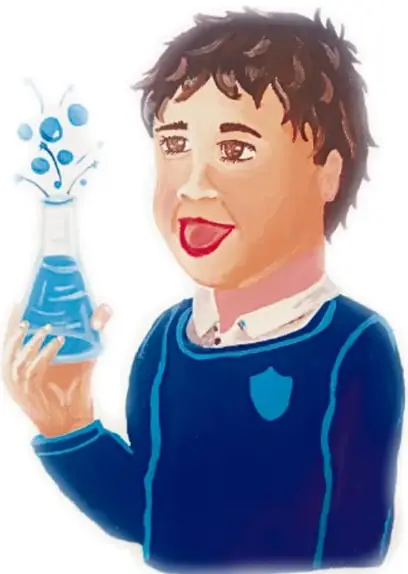 Ilustración de un joven de suéter azul que sostiene un matraz con líquido azul del que brotan burbujas.