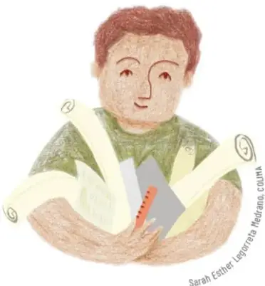 Ilustración de un niño sosteniendo hojas de papel y un lápiz, con la firma 'Sarah Esther Leyva Medina, CUAI'.