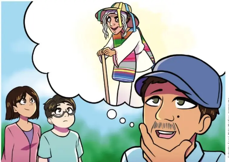 Ilustración: un hombre con gorra reflexiona con una nube de pensamiento que muestra a una anciana con traje tradicional, sombrero y bastón; a su lado, una niña y un niño observan. Ilustración de Estrella Sarai Mata Medina, JÓVENES ILUS.