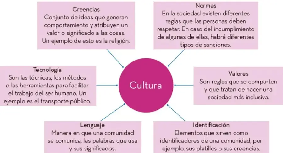 Mapa radial con 'Cultura' en el centro y seis ramas: Creencias, Normas, Valores, Identificación, Lenguaje y Tecnología, cada una con su definición y ejemplo.