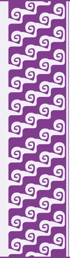 Franja vertical de color morado con un patrón geométrico repetitivo de espirales y figuras en blanco, tipo greca decorativa mesoamericana.