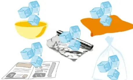 Esquema del experimento: cubos de hielo en un recipiente amarillo, envueltos en papel aluminio, tela naranja, periódico y bolsa de hule transparente. Crédito Diego Gutiérrez Vega, TLAXCALA.