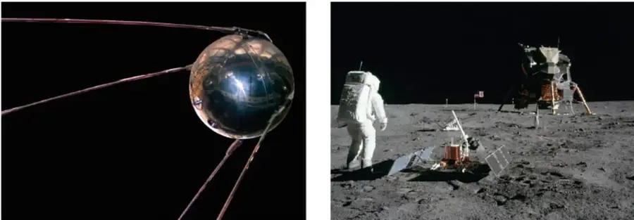 Esfera metálica con antenas, probablemente un satélite artificial.