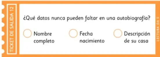 Ticket de salida 12 con la pregunta '¿Qué datos nunca pueden faltar en una autobiografía?' y tres opciones: Nombre completo, Fecha nacimiento y Descripción de su casa.
