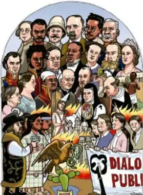 Ilustración en forma de arco con caricaturas de numerosos personajes históricos de México (conquistadores, virreyes, héroes, presidentes) alrededor de una mesa; abajo aparece un águila sobre un nopal y la leyenda parcial 'DIÁLOGO PÚBLICO'.