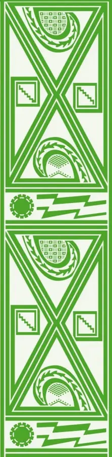 Ilustración ornamental vertical en verde, con motivos geométricos indígenas (triángulos, escalerillas, espirales, soles y relámpagos) repetida en dos módulos.