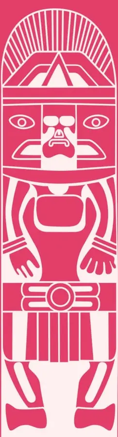 Ilustración estilizada de una deidad o figura prehispánica en color rosa, con tocado radiado, rostro con ojos y boca, brazos extendidos y un diseño geométrico en el torso y la falda.