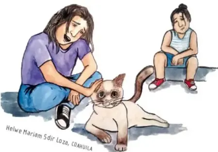 Ilustración de una niña arrodillada acariciando a un gato siamés mientras otra niña se sienta en un banco observando la escena; pie de foto: Helwe Mariam Sdir Loza, COAHUILA.