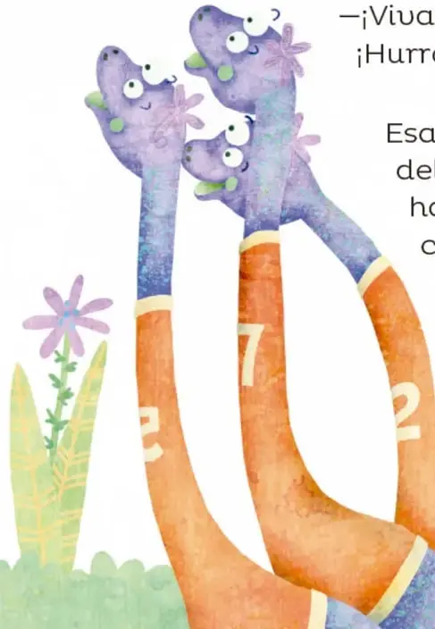 Ilustración de un brontosaurio grande de color azul y naranja con varios dinosaurios pequeños encima, celebrando.