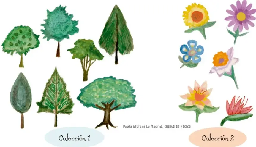 Colección 1 con 7 árboles de distintas formas y Colección 2 con 7 flores de distintos colores, para comparar su cardinalidad.