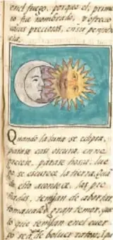 Reproducción de un códice antiguo (posiblemente el Códice Borbónico o similar) con imágenes del Sol y la Luna y textos en náhuatl y anotaciones en español, ilustrando el mito de la creación.