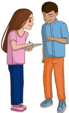 Ilustración de una niña de blusa rosa y pantalón azul escribiendo en una libreta y un niño de camisa azul y pantalón naranja que la acompaña, ambos conversando con gesto amable, representando la autoevaluación compartida. Crédito: Mara Natalia Edisa Juárez Ramírez, Ciudad de México.