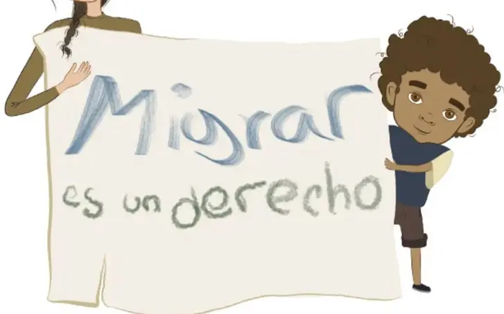 Una niña y un niño sostienen una pancarta con el lema "Migrar es un derecho".