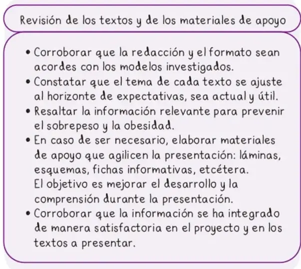 Ficha redondeada titulada «Revisión de los textos y de los materiales de apoyo» con cinco bullets que enumeran los criterios de revisión antes de la presentación.