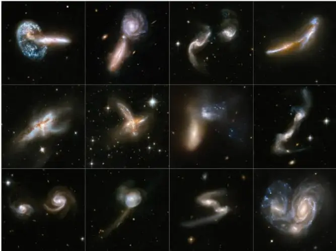 Cuadrícula de 12 imágenes que muestran diferentes galaxias en el espacio, con diversas formas y colores, evidenciando la diversidad de estructuras cósmicas.