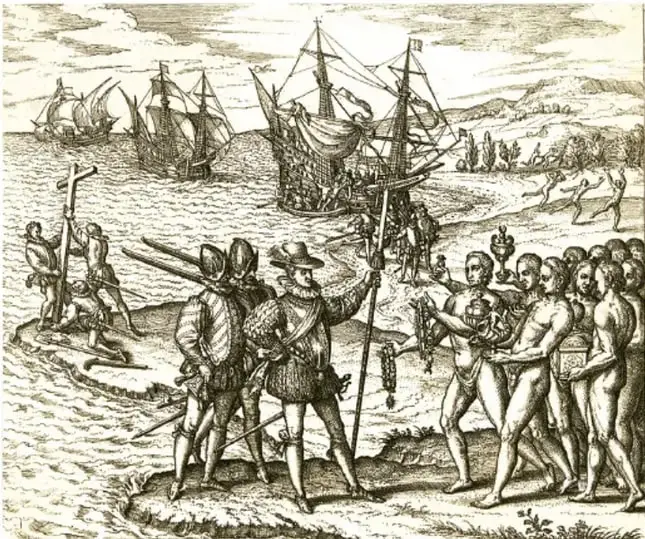 Grabado antiguo que muestra la llegada de Colón a América: españoles desembarcando, plantando una cruz, y encuentro con indígenas.