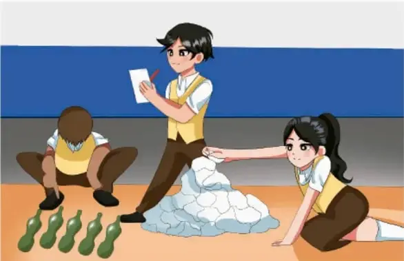 Ilustración de tres estudiantes en el patio escolar: uno recoge basura, otro anota en una libreta y una estudiante levanta una bolsa de basura; hay botellas de plástico en el suelo.
