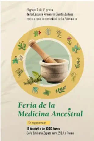 Cartel de la Feria de la Medicina Ancestral con un mortero y plantas, elaborado por un estudiante de 4° grado.
