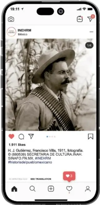 Simulación de publicación de Instagram del INEHRM México con fotografía histórica de Francisco Villa (1911), fotografía de H. J. Gutiérrez, con 1 911 'likes' y el pie: 'H. J. Gutiérrez, Francisco Villa, 1911, litografía. © 2019. SECRETARÍA DE CULTURA, INAH. SINAFO.FN.MX. #INEHRM #historiadelpuebloomexicano'.