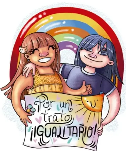 Dos personas abrazadas sonriendo frente a un arcoíris y un sol, sosteniendo una manta con la frase 'Por un trato ¡igualitario!'.