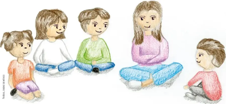 Ilustración de cinco niños sentados en el suelo formando un círculo, conversando; uno de ellos parece dirigir la asamblea. Aluden a la actividad de diálogo grupal.