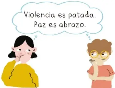 Globo de diálogo celeste con el texto 'Paz es abrazo.' junto a un lápiz.