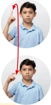 Niño con camisa azul mostrando la seña 'Sacar punta': ambas manos frente al pecho con movimiento circular (flecha roja).