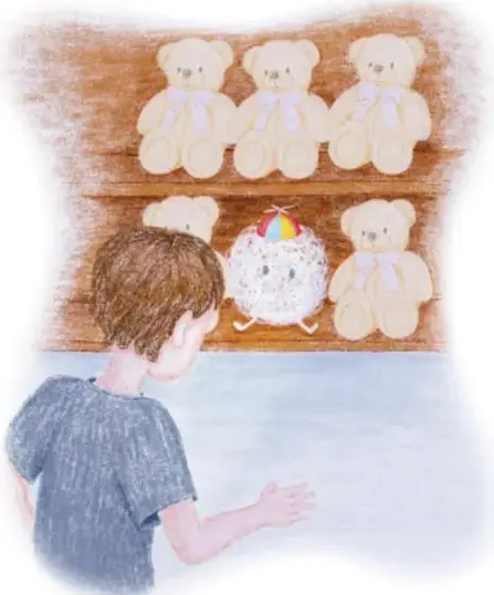 Ilustración de un joven de espaldas frente a un estante con osos de peluche; uno de ellos tiene un gorrito de hélice.