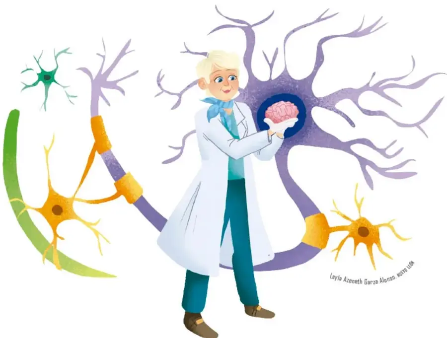 Ilustración de un científico de bata blanca sosteniendo un cerebro, rodeado de neuronas y células gliales de colores morado, verde y amarillo.
