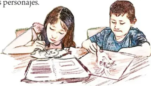Ilustración de dos niños sentados en un pupitre; una niña escribe en un cuaderno y un niño dibuja. Al lado derecho hay una nota vertical con el crédito 'José Alfredo Jiménez Martínez / MÉXICO'.