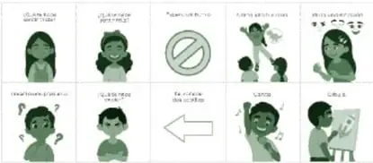 Tira de 10 tarjetas ilustradas con retos y preguntas sobre emociones: rostros de niños con distintas expresiones, una señal de prohibido, situaciones de juego, enojo, susto y alegría, con leyendas breves.