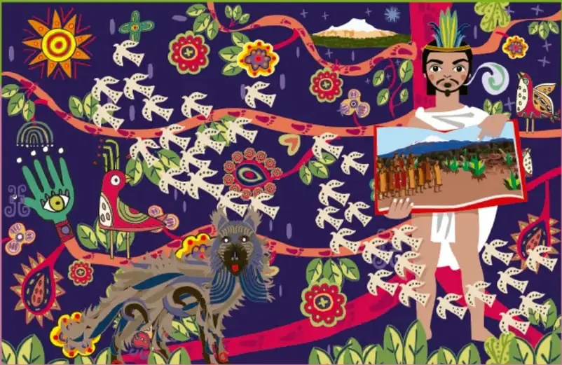 Ilustración colorida de estilo folclórico mexicano: un personaje con penacho sostiene un cuadro con un paisaje; a su lado un perro xoloitzcuintle; ramas con flores, aves, manos y un sol; al fondo un volcán nevado.