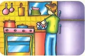 Ilustración de una persona realizando tareas de limpieza en una cocina.