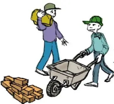 Ilustración de dos niños con gorra: uno carga un costal amarillo al hombro junto a unos ladrillos y el otro empuja una carretilla de una rueda.
