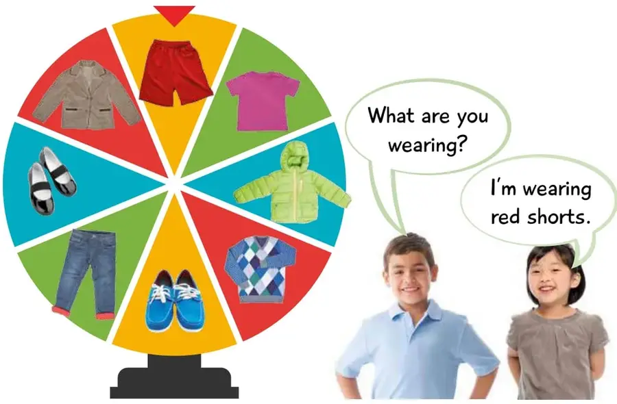 Dos niños dialogando: uno pregunta 'What are you wearing?' y la otra responde 'I'm wearing red shorts.'