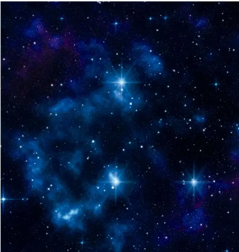 Otra fotografía espacial: nebulosa azul violeta con estrellas grandes y brillantes con destellos.