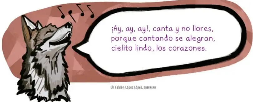 Ilustración de un lobo cantando con notas musicales y un globo de diálogo con la letra de 'Cielito lindo'.
