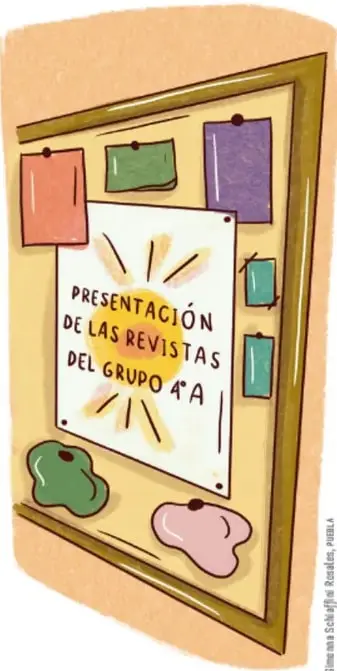 Cartel escolar con el texto 'Presentación de las revistas del grupo 4.º A' pegado en un tablero de corcho con notas de colores.