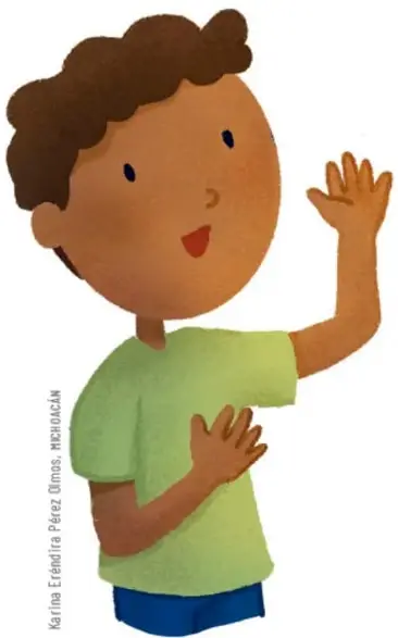 Ilustración de un niño de cabello castaño con camiseta verde y shorts azules, saludando con la mano levantada. Crédito vertical: Karina Eréndira Pérez Olmos, Michoacán.