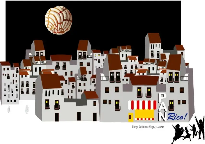 Ilustración de una ciudad con casas blancas y techos rojos; sobre ella flota un pan redondo dorado. En una panadería se lee 'PAN Rico!' con toldo rojo y amarillo. A la derecha, siluetas negras de personas celebrando. Pie de imagen: 'Diego Gutiérrez Vega, Yaxkala'.