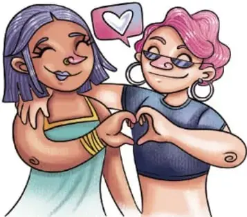 Dos personas sonriendo y formando un corazón con las manos, con un globo de corazón entre ellas.