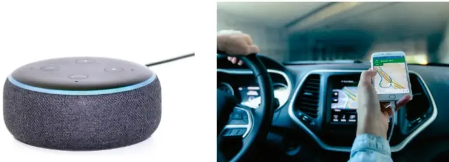 Parlante inteligente circular tipo Echo Dot con luz azul, dispositivo doméstico con inteligencia artificial activada por voz.